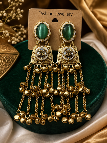 Royal Green Kundan Bell Drop Earrings