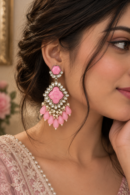 Premium Silver-Toned Pink Stone Pearl Chandelier Earrings