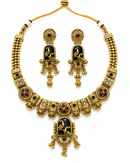 Royal Black & Ruby Elephant Motif Necklace & Earring Se