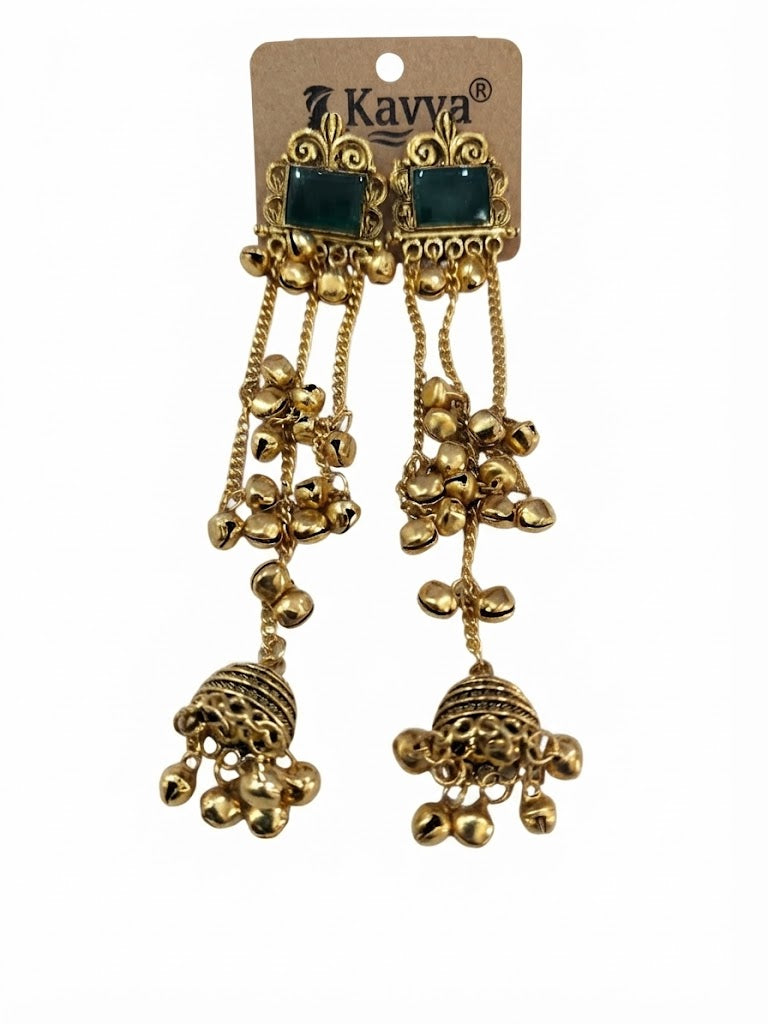 Premium Emerald Green Stone Golden Chain Jhumka Earrings