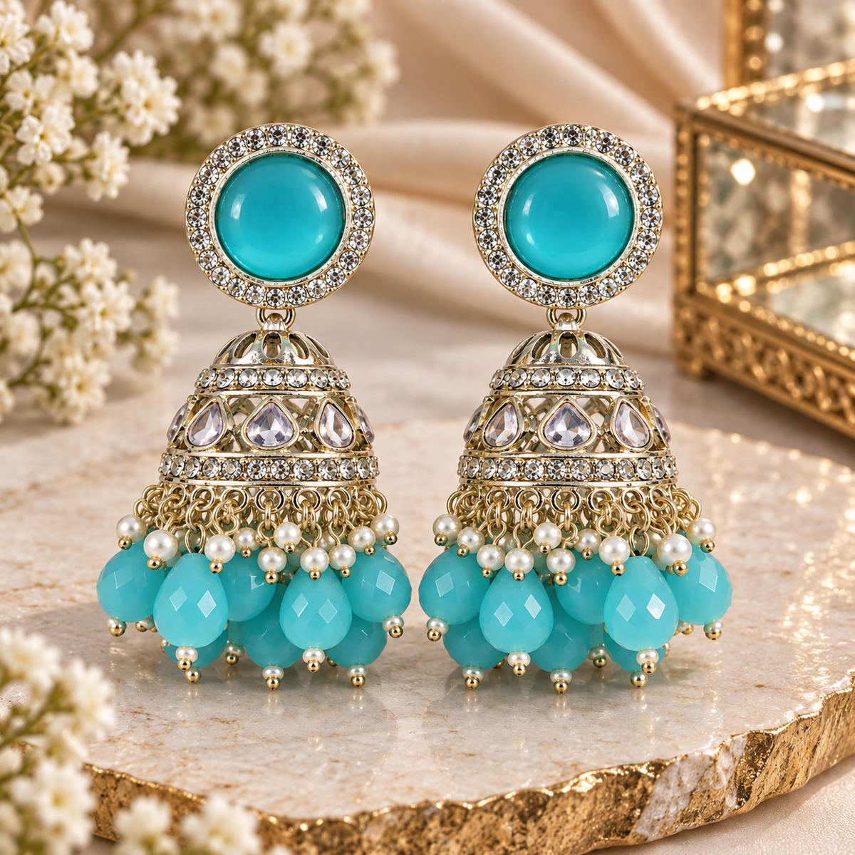 Premium Gold-Toned Turquoise Jhumka Earrings