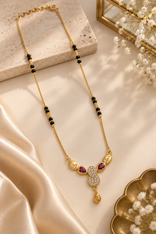 Elegant Gold-Toned Mangalsutra with Ruby-Accent Pendant