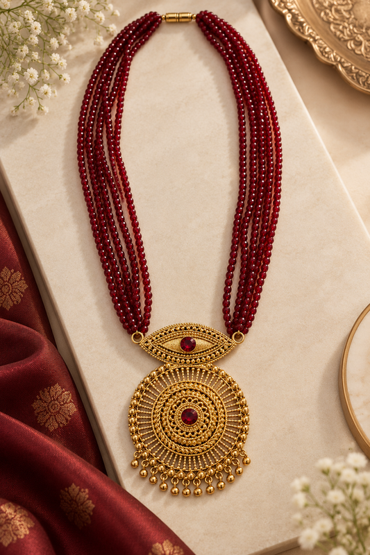old-Toned Red Beaded Statement Necklace