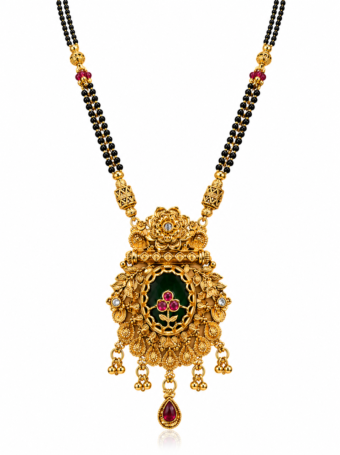 Antique Gold-Toned Floral Black Beaded Mangalsutra