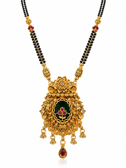 Antique Gold-Toned Floral Black Beaded Mangalsutra