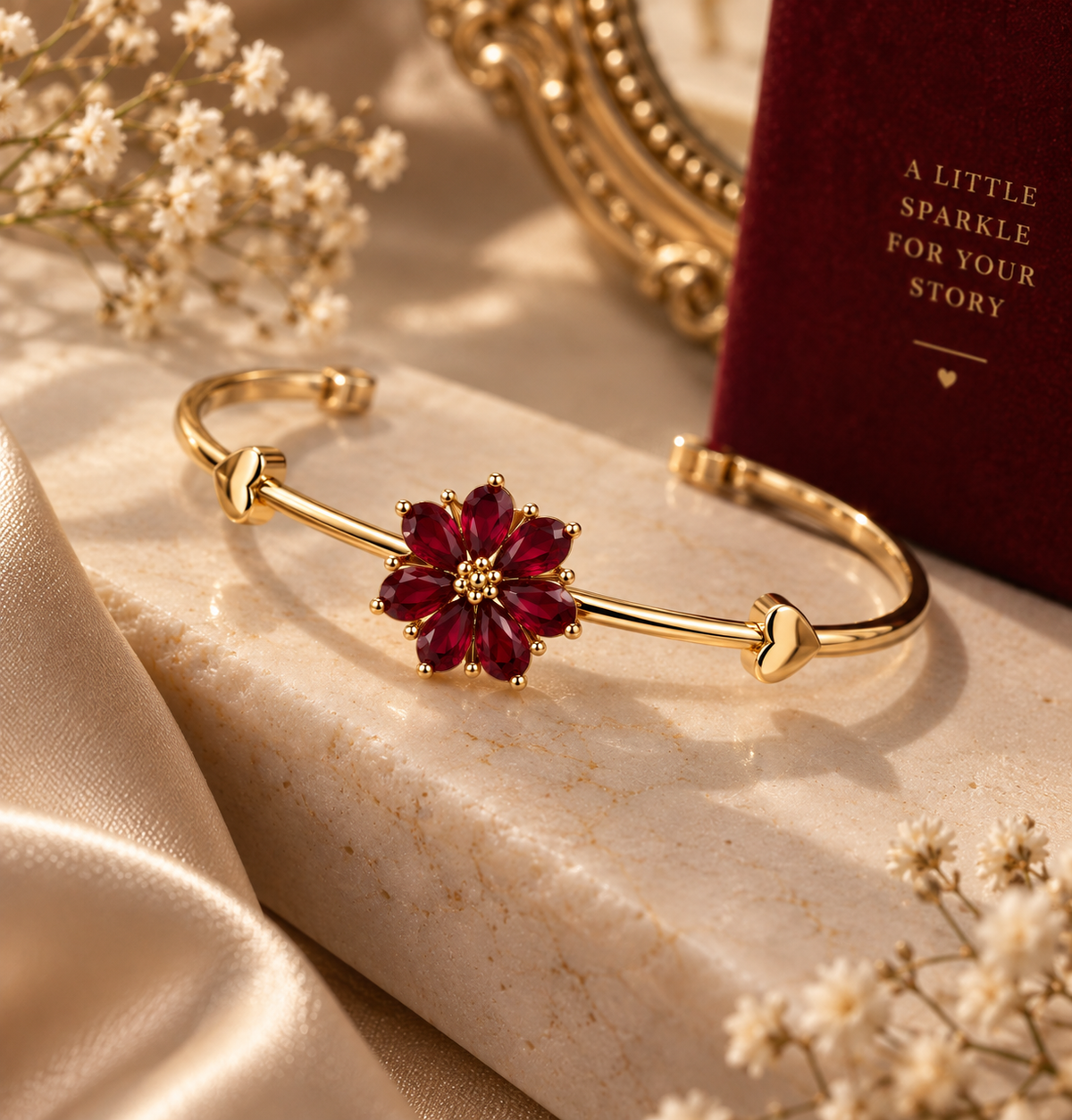 Premium Gold-Toned Ruby Red Floral Bracelet