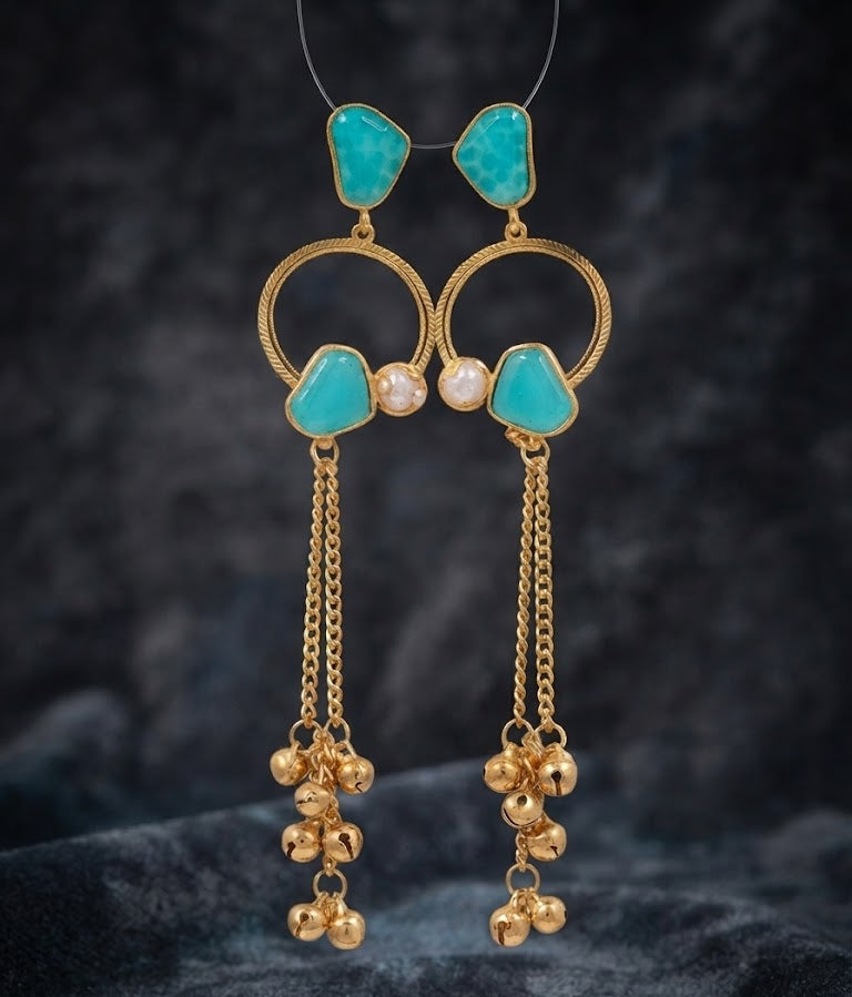 Premium Turquoise Stone Golden Hoop Chain Jhumka Earrings