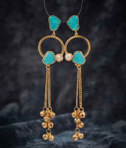 Premium Turquoise Stone Golden Hoop Chain Jhumka Earrings