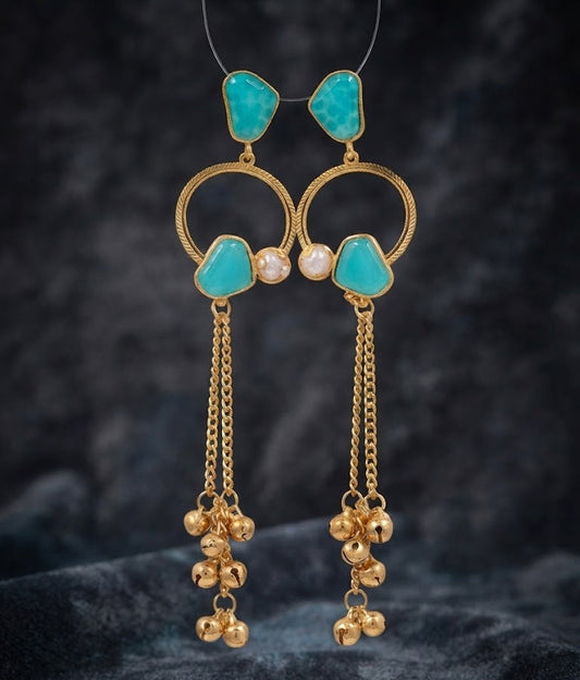Premium Turquoise Stone Golden Hoop Chain Jhumka Earrings