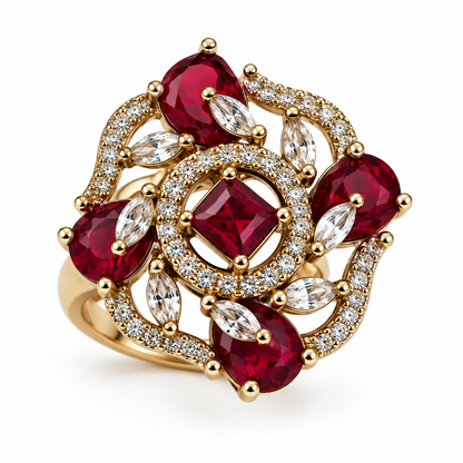 Ruby Red Floral Cluster Statement Ring