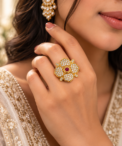 Ruby Floral Gold-Toned Statement Ring