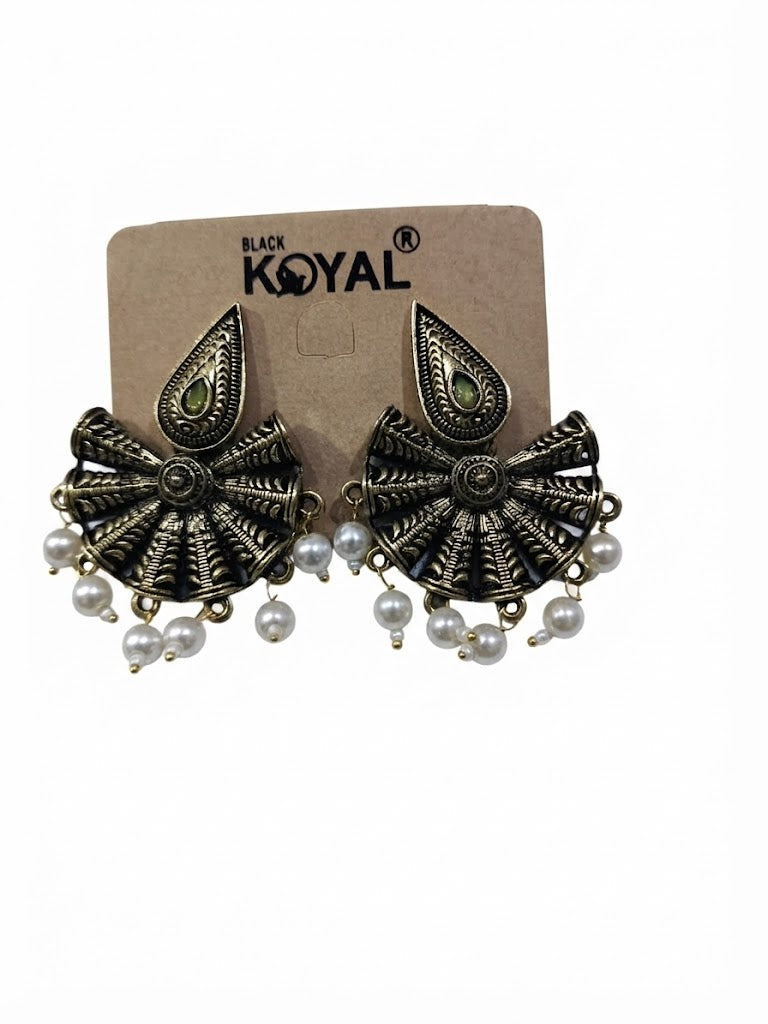 Premium Antique Gold-Toned Black Filigree & Pearl Statement Earrings
