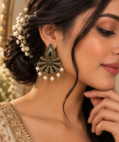 Premium Black & Gold Oxidised Pearl Drop Earrings