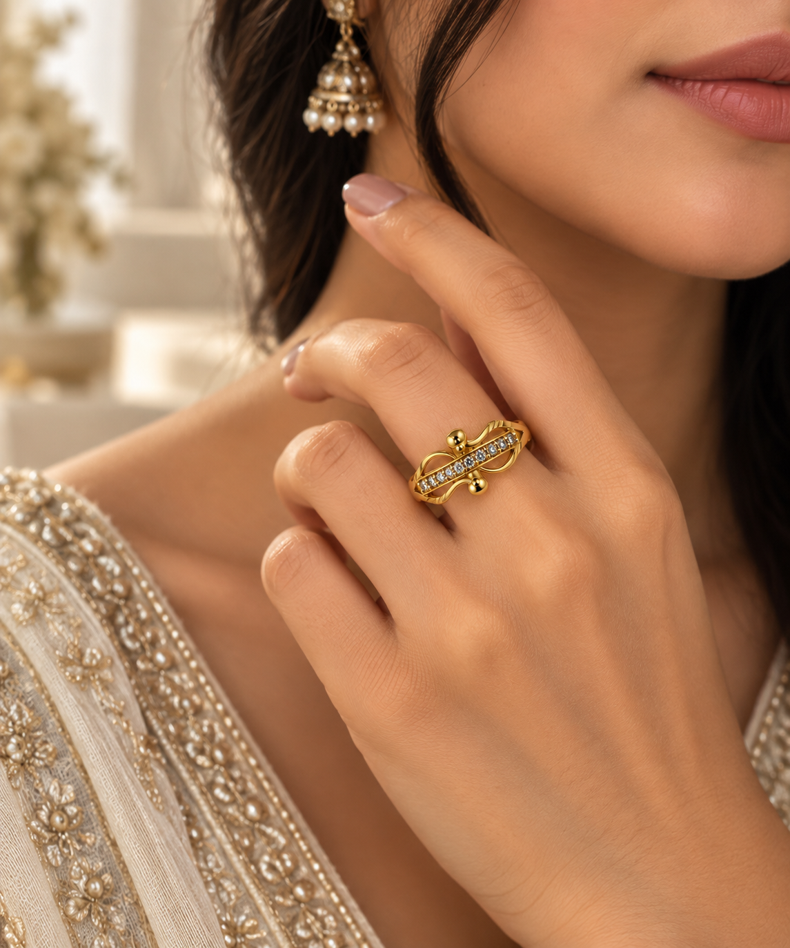 Gold-Toned Crystal-Accented Statement Ring