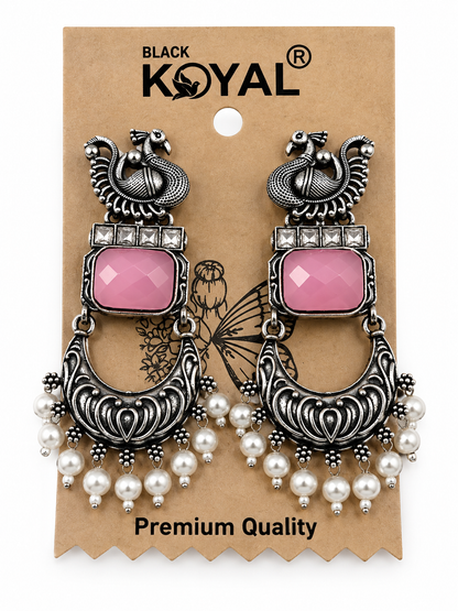 Antique Silver-Toned Rose Pink Stone Statement Earrings