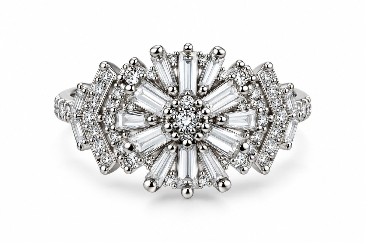 Silver Crystal Sunburst Statement Ring