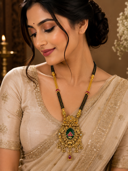 Antique Gold-Toned Floral Black Beaded Mangalsutra