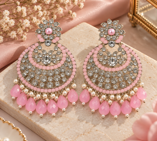 Premium Silver-Toned Pink Crystal & Pearl Chandbali Earrings