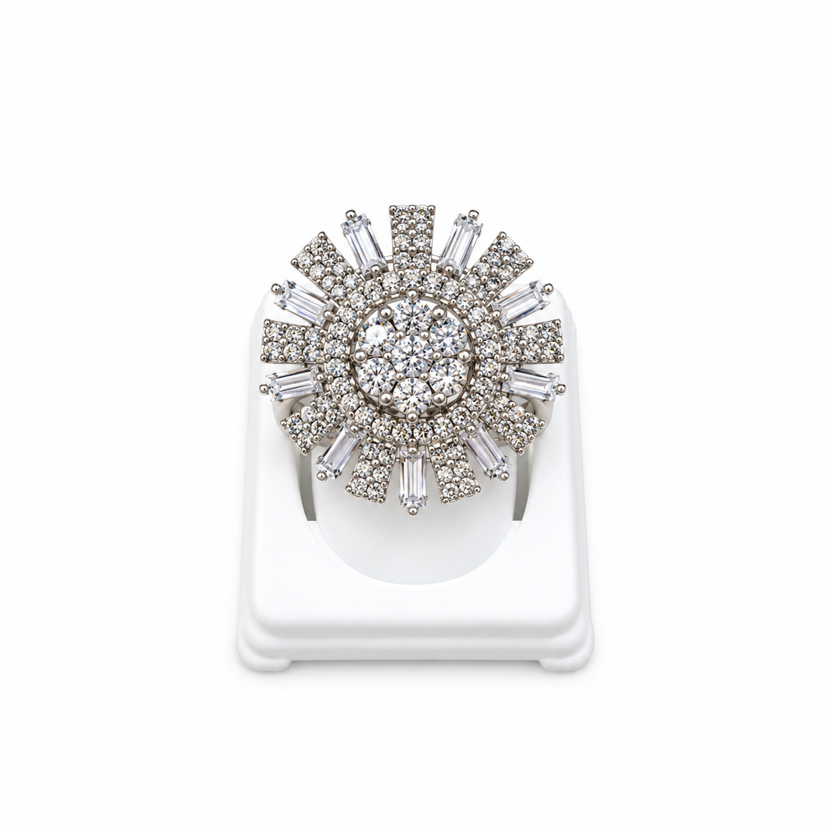 Silver-Toned Crystal Sunburst Statement Ring