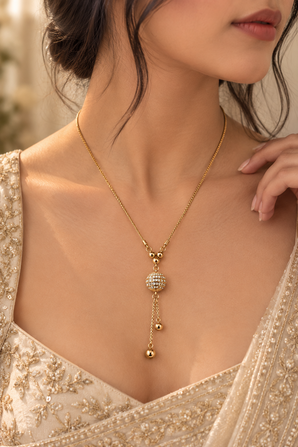 Gold-Toned Rhinestone Ball Pendant Necklace