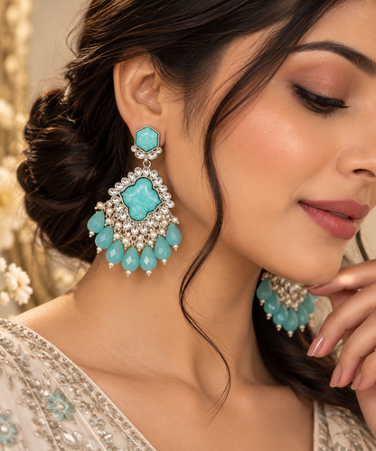 Premium Silver-Toned Turquoise Blue Chandelier Earrings
