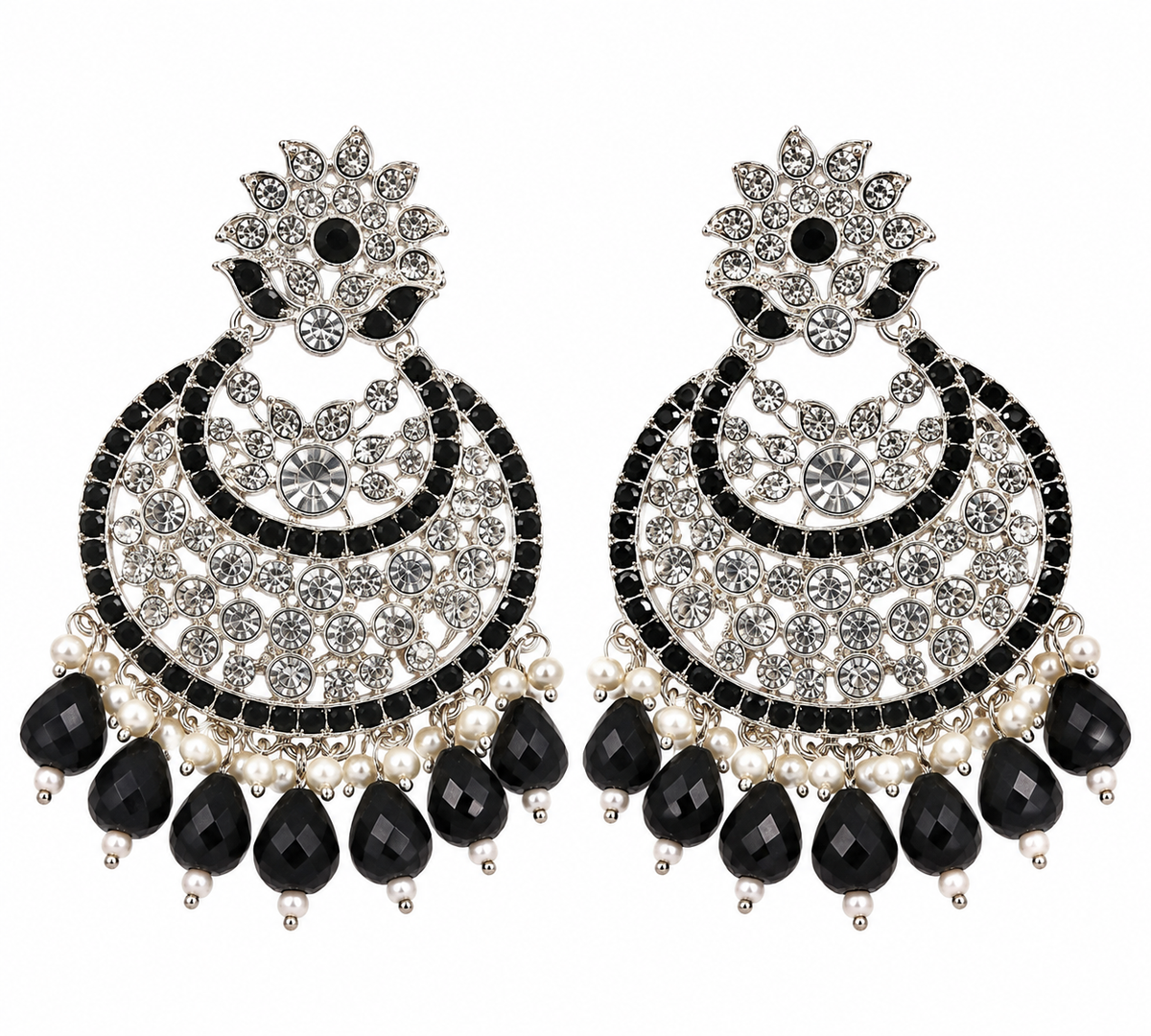 Premium Silver-Toned Black Stone Crystal Chandelier Earrings