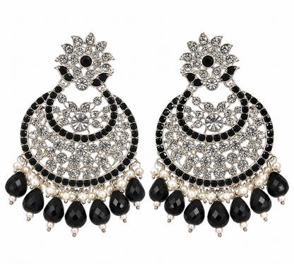 Premium Silver-Toned Black Stone Crystal Chandelier Earrings