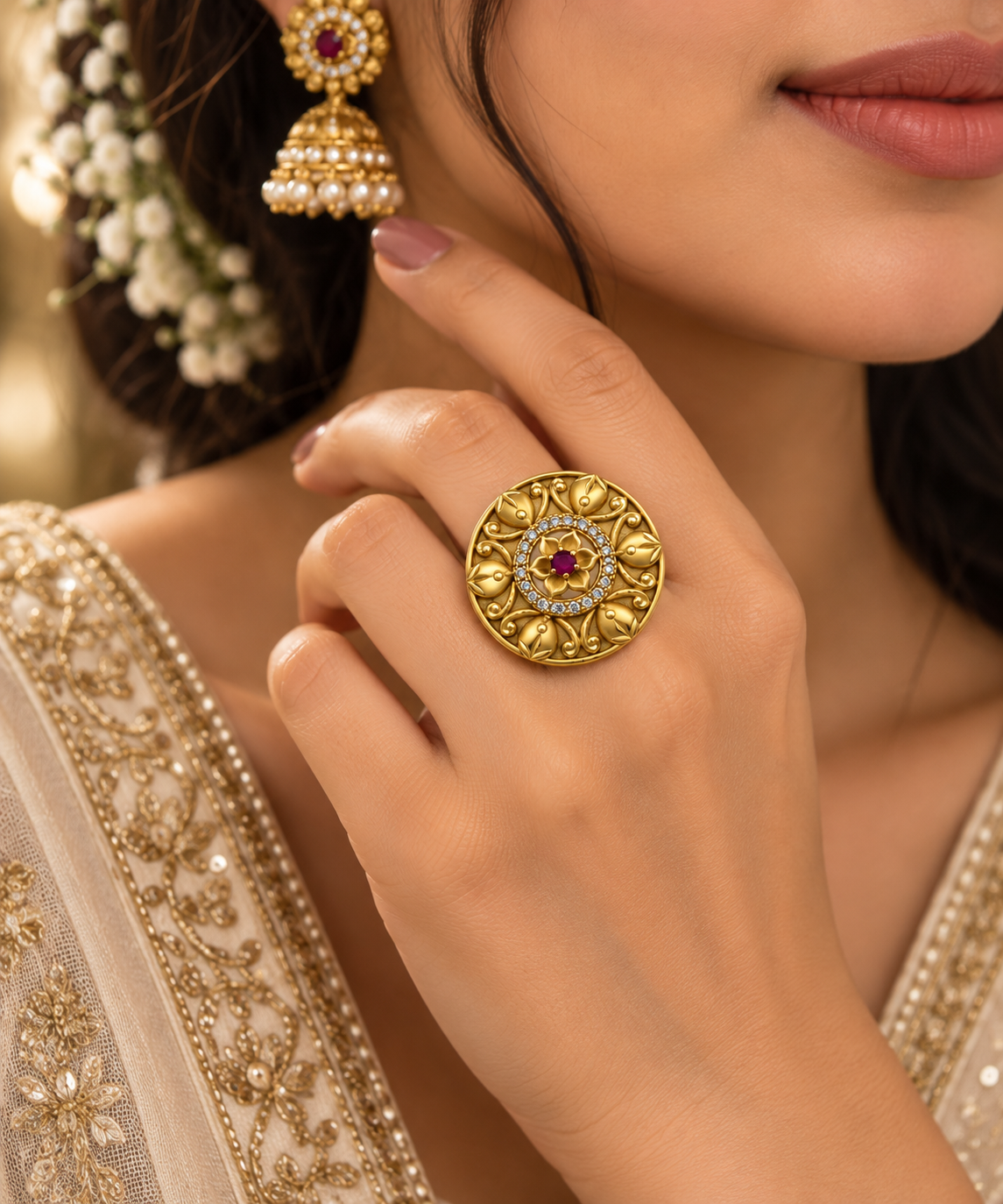 Antique Gold-Toned Floral Ruby Ring