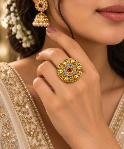 Antique Gold-Toned Floral Ruby Ring