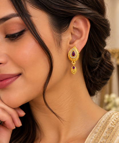 Gold-Toned Maroon Teardrop Drop Earrings