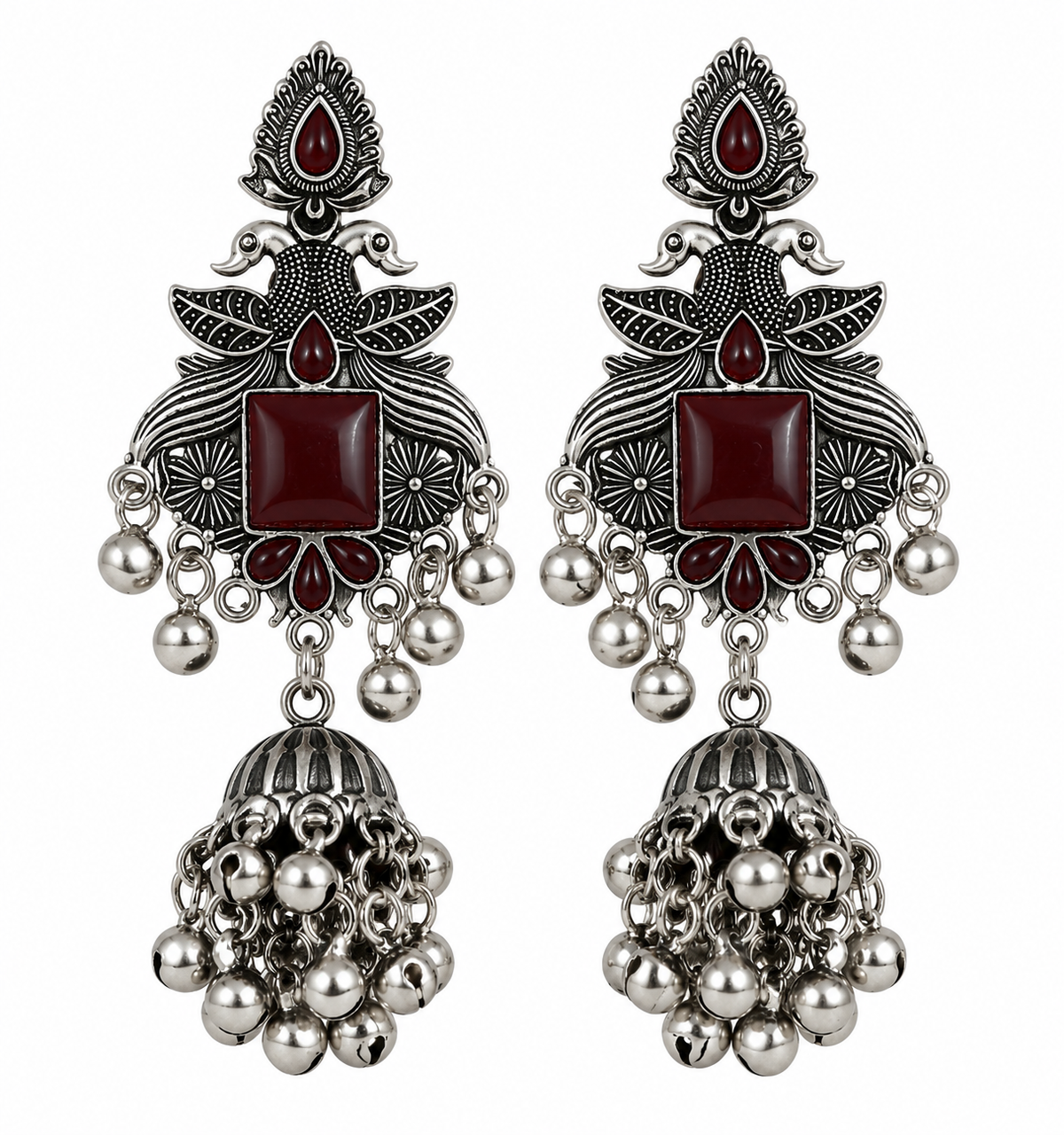 Premium Oxidized Silver-Toned Peacock Design Red Stone Jhumka Earrings
