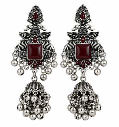 Premium Oxidized Silver-Toned Peacock Design Red Stone Jhumka Earrings