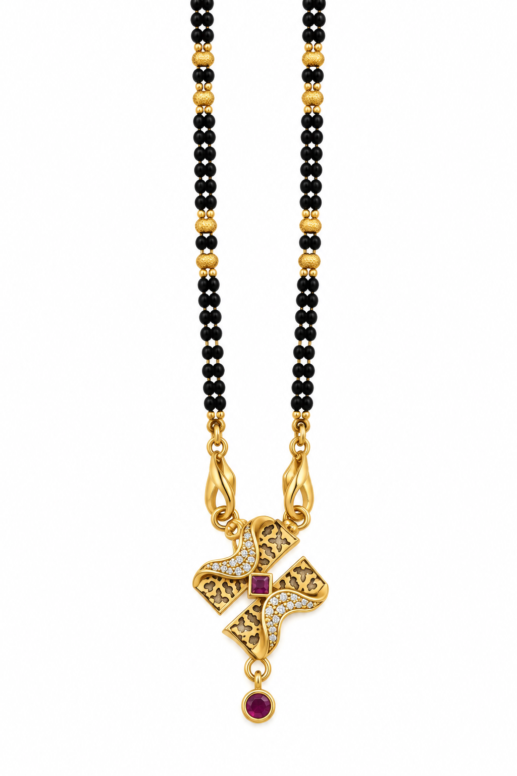 Elegant Black-Beaded Mangalsutra with Bow-Shaped Pendant