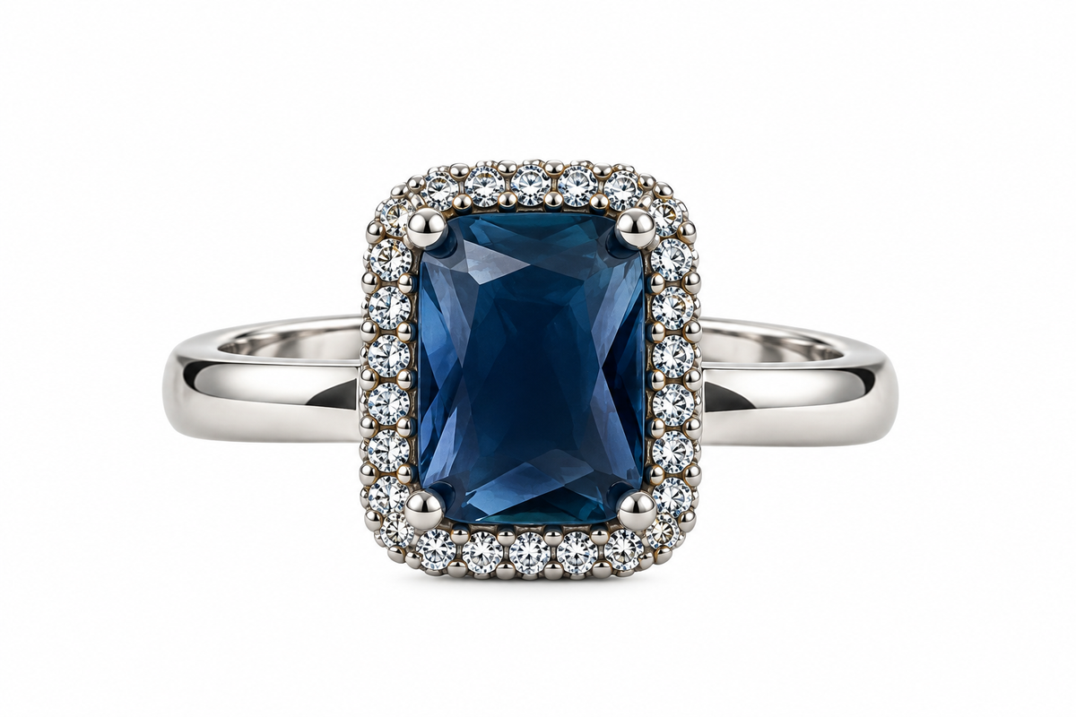 Silver-Toned Deep Blue Rectangle Statement Ring