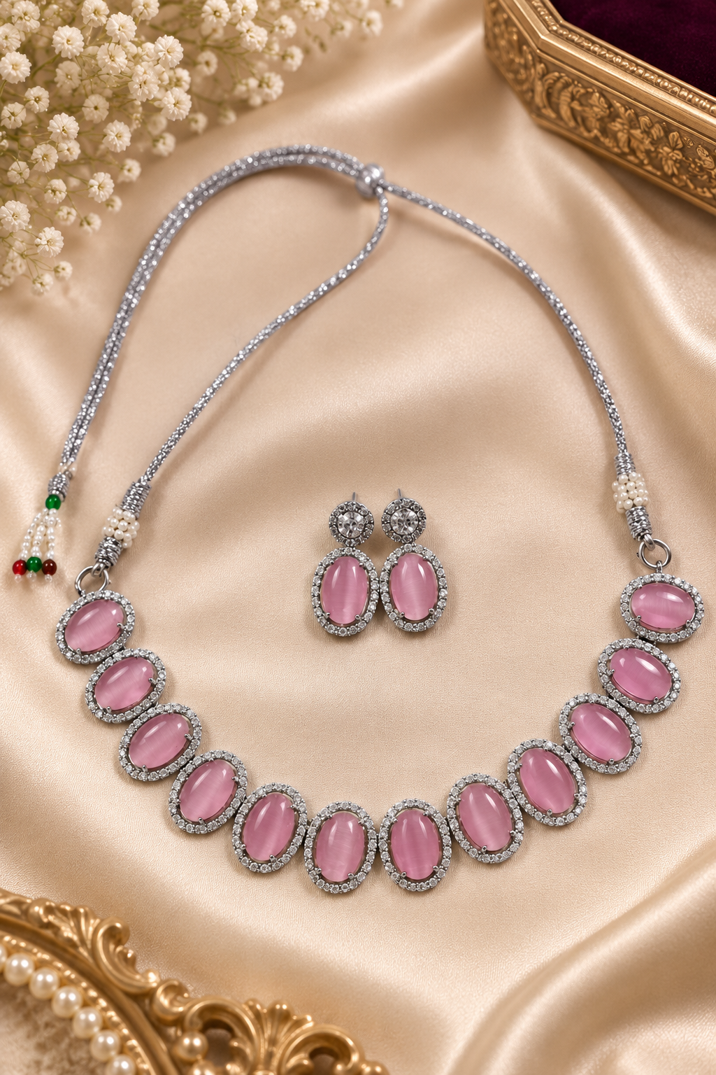 Silver-Toned Pink Stone Necklace & Earring Set