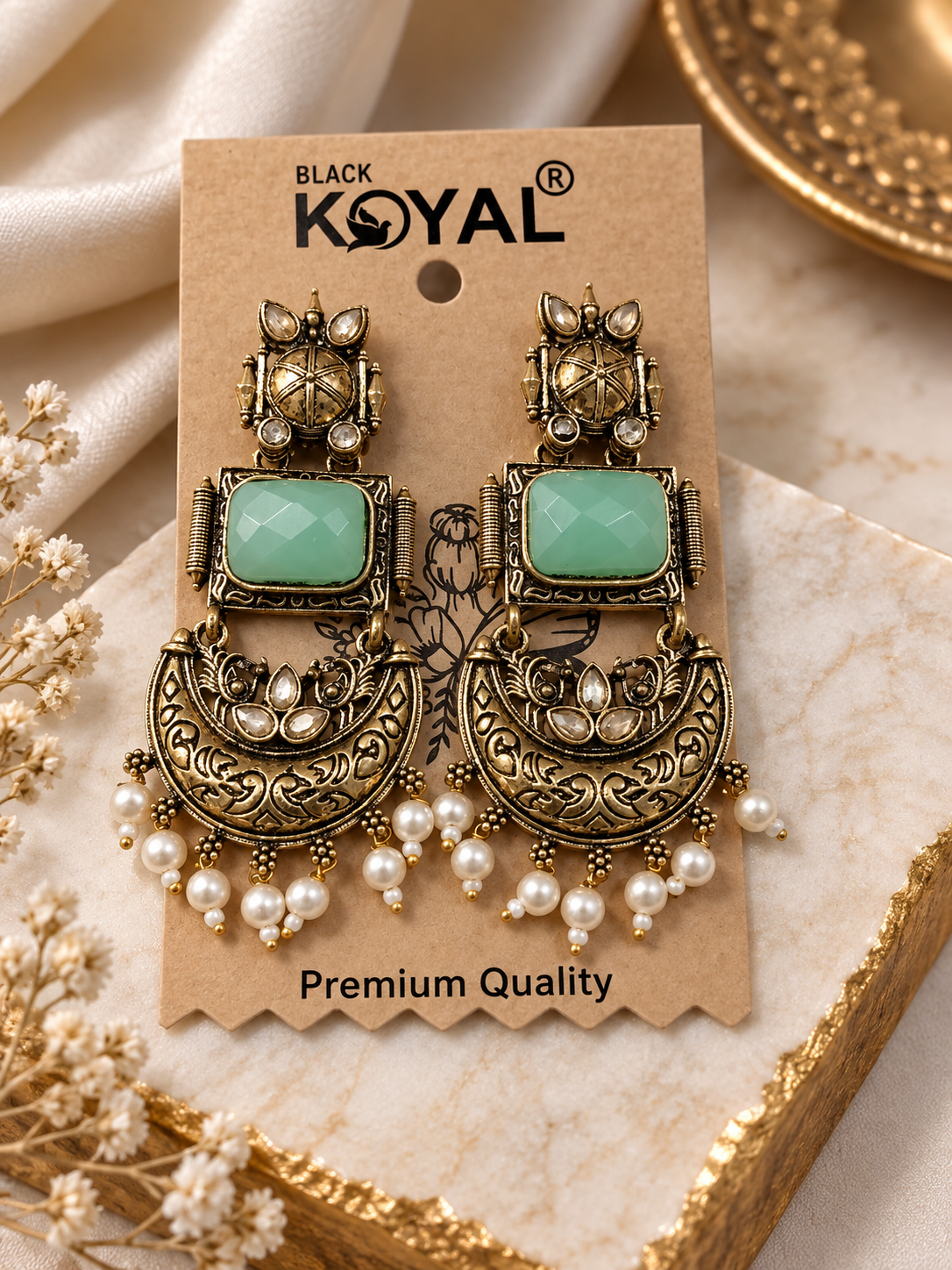 Premium Antique Silver-Toned Mint Green Stone Statement Earrings
