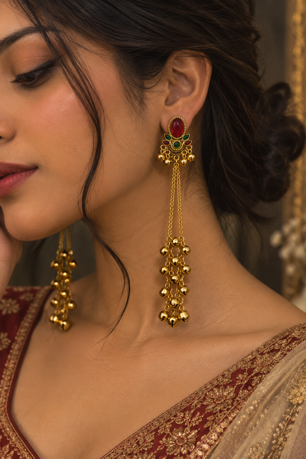 Premium Gold-Toned Multicolour Stone Long Chain Jhumka Earrings