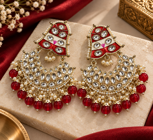 Premium Gold-Toned Red & White Kundan-Style Chandelier Statement Earrings