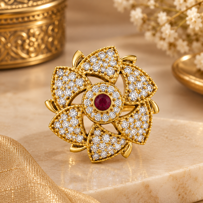 Gold-Toned Ruby Floral Statement Ring