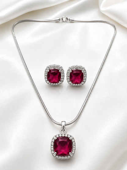Elegant Burgundy Silver-Toned Pendant Set