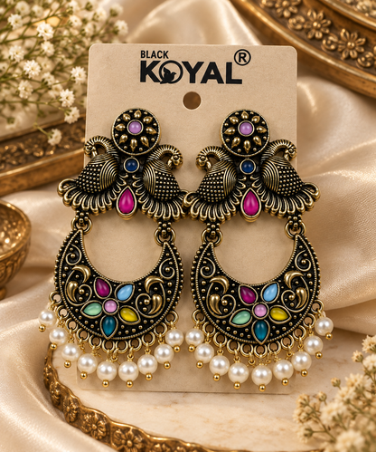 Premium Multicolour Oxidised Gold-Toned Chandbali Earrings