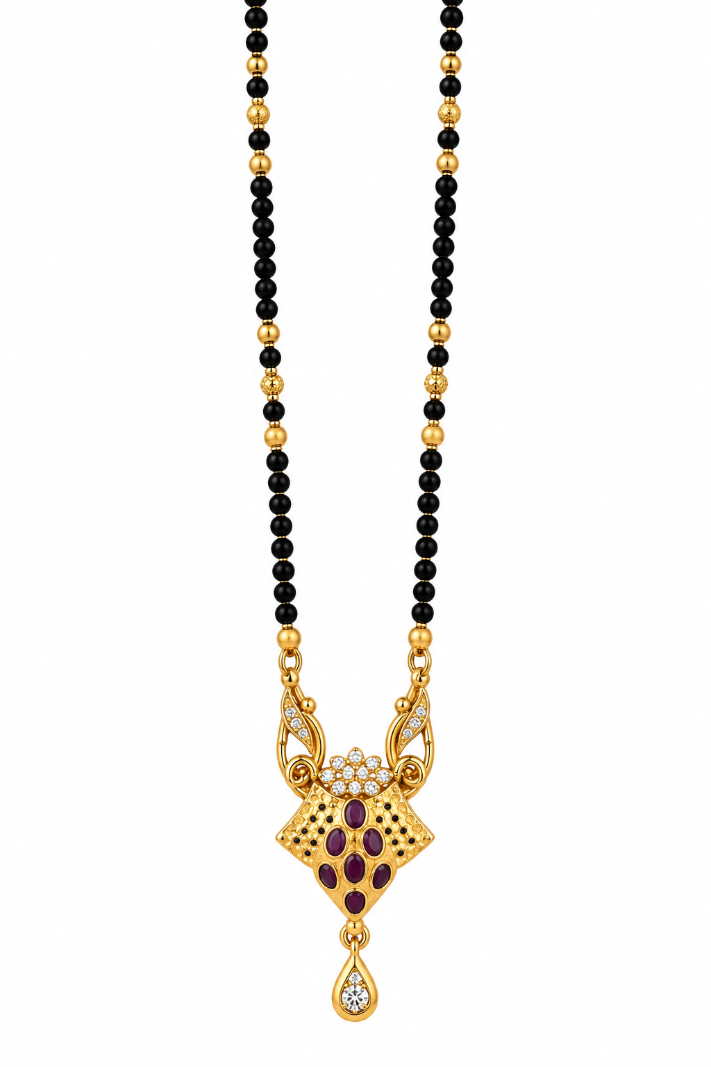 Gold-Toned Black Beaded Mangalsutra with Floral Pendant