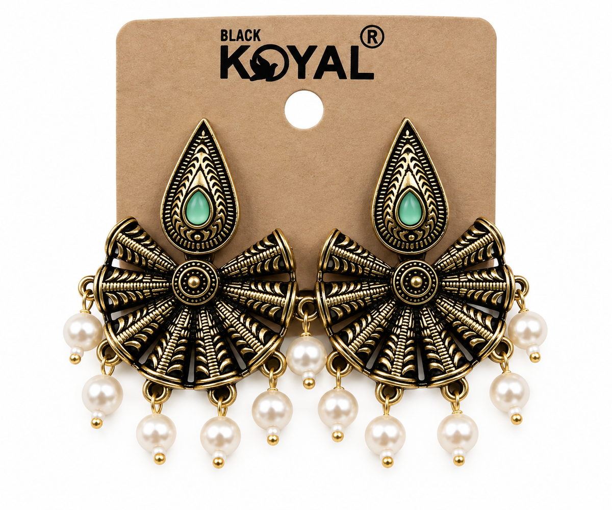 Premium Antique Gold-Toned Peacock-Inspired Earrings with Mint Green Stones