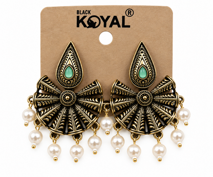 Premium Antique Gold-Toned Peacock-Inspired Earrings with Mint Green Stones