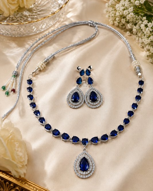 Silver-Toned Sapphire Blue Crystal Necklace & Earring Set