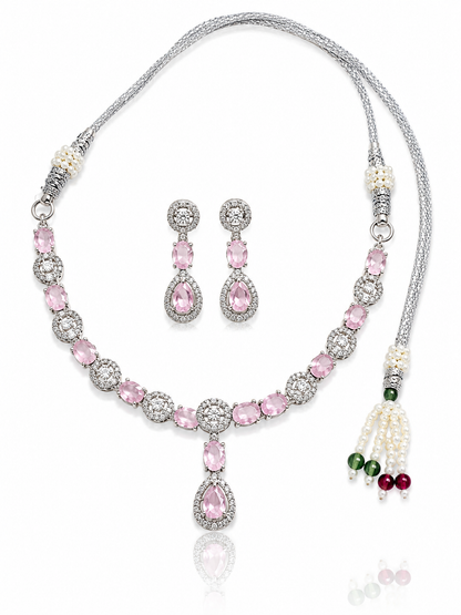 Rose Quartz Silver-Toned Necklace Set