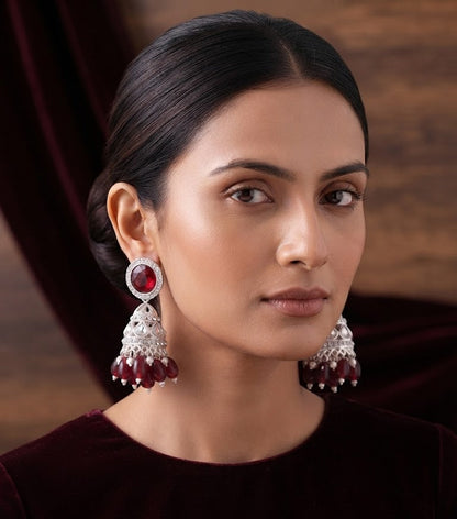 Premium Maroon Crystal Jhumka Earrings