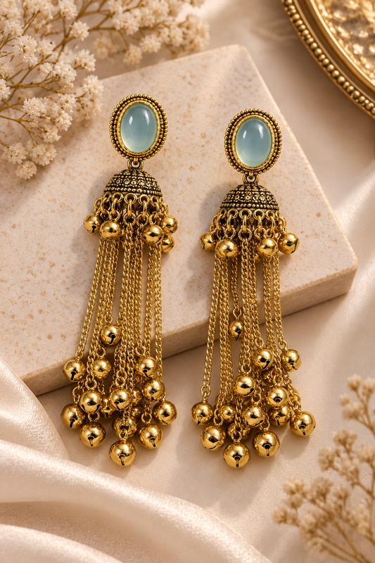 Premium Gold-Toned Mint Green Stone Long Chain Jhumka Earrings