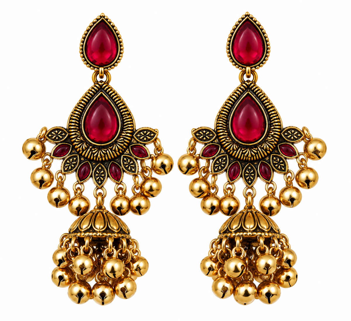 Premium Antique Gold-Toned Ruby Red Stone Chandelier Jhumka Earrings