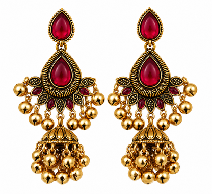 Premium Antique Gold-Toned Ruby Red Stone Chandelier Jhumka Earrings